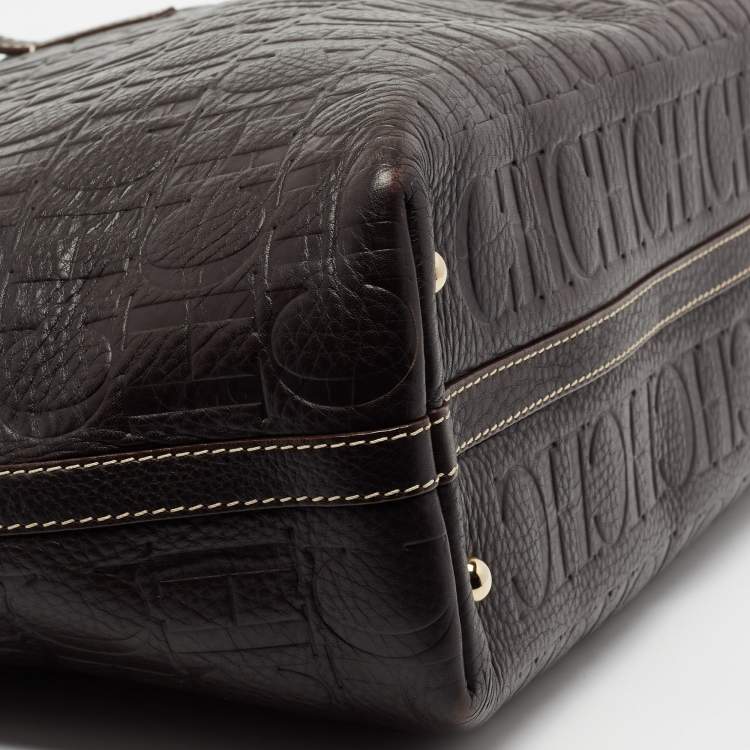 Pre Owned CH Carolina Herrera Dark Brown Monogram Embossed Leather Shopper Tote