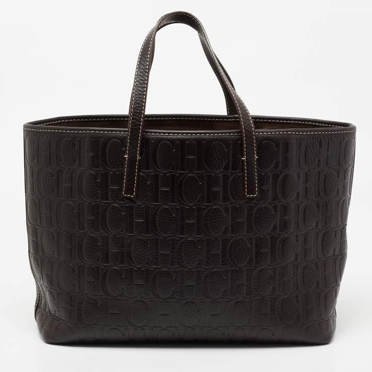 Pre Owned CH Carolina Herrera Dark Brown Monogram Embossed Leather Shopper Tote