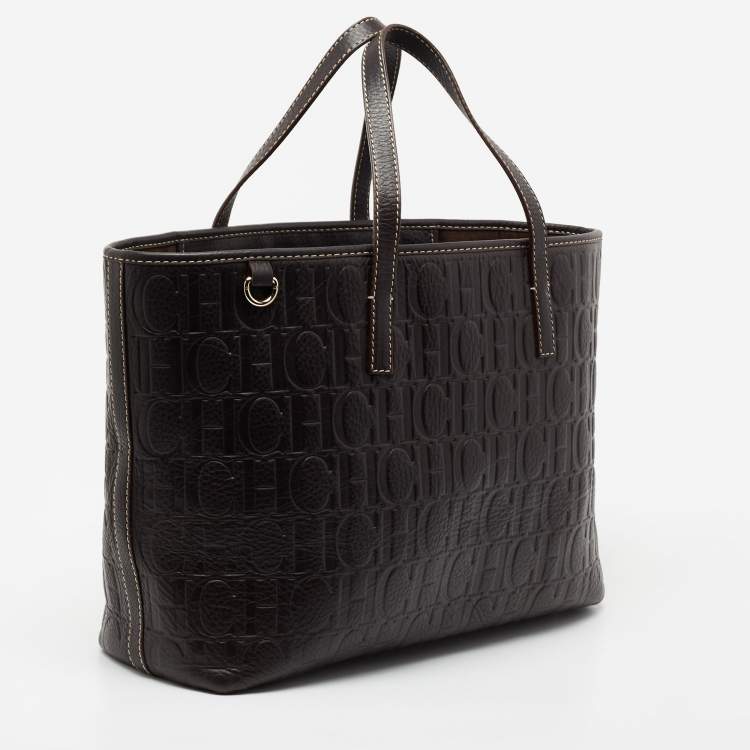 Pre Owned CH Carolina Herrera Dark Brown Monogram Embossed Leather Shopper Tote