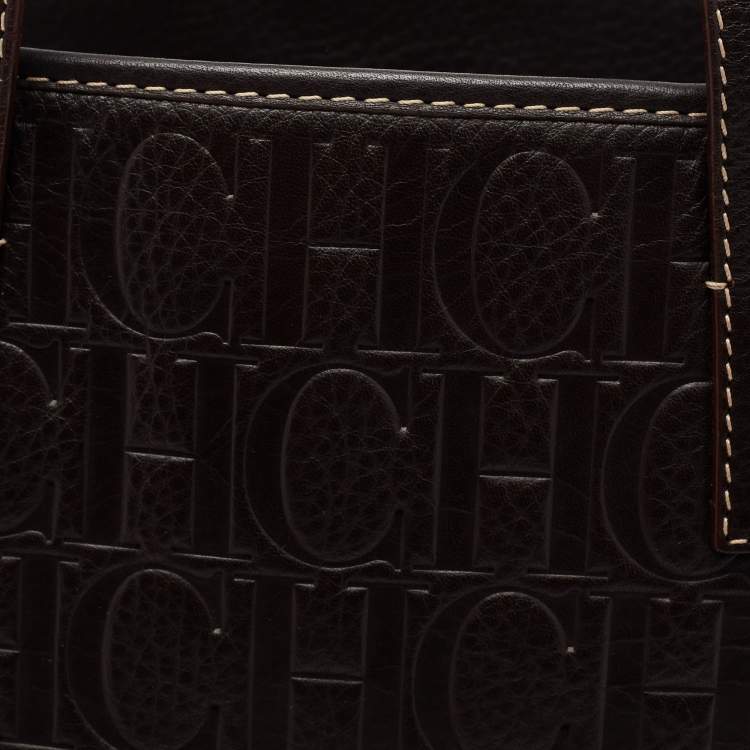Pre Owned CH Carolina Herrera Dark Brown Monogram Embossed Leather Shopper Tote