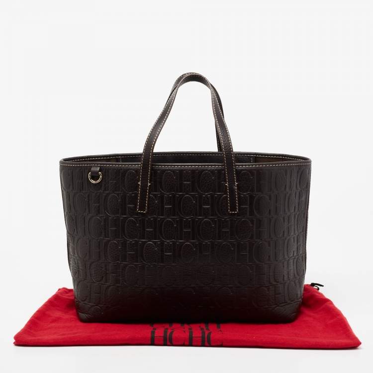 Pre Owned CH Carolina Herrera Dark Brown Monogram Embossed Leather Shopper Tote