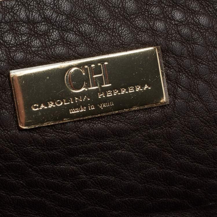 Pre Owned CH Carolina Herrera Dark Brown Monogram Embossed Leather Shopper Tote