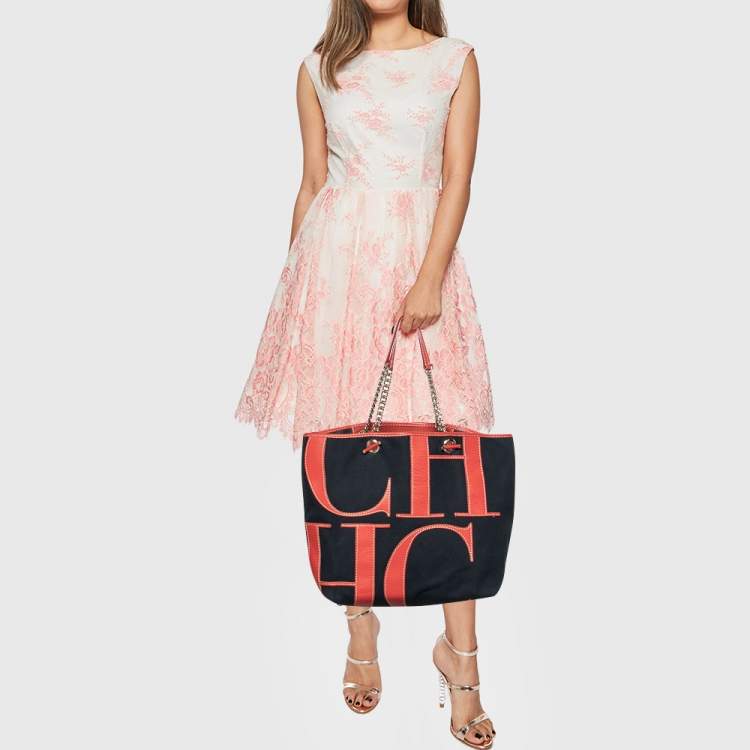 Pre Owned CH Carolina Herrera Navy Blue/Red Canvas and Leather Chain Tote