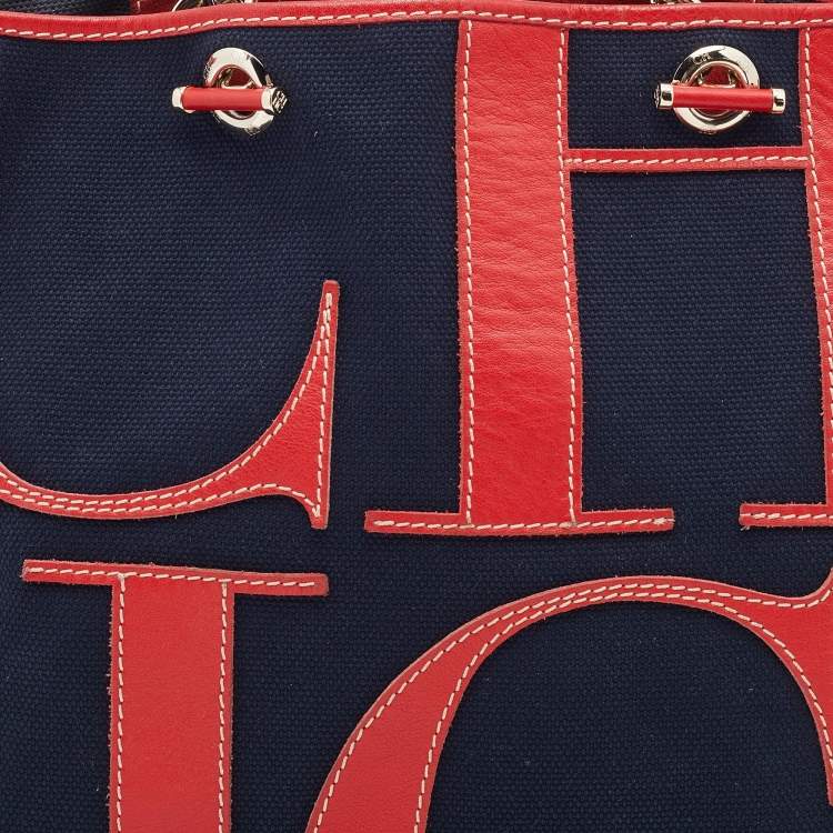 Pre Owned CH Carolina Herrera Navy Blue/Red Canvas and Leather Chain Tote