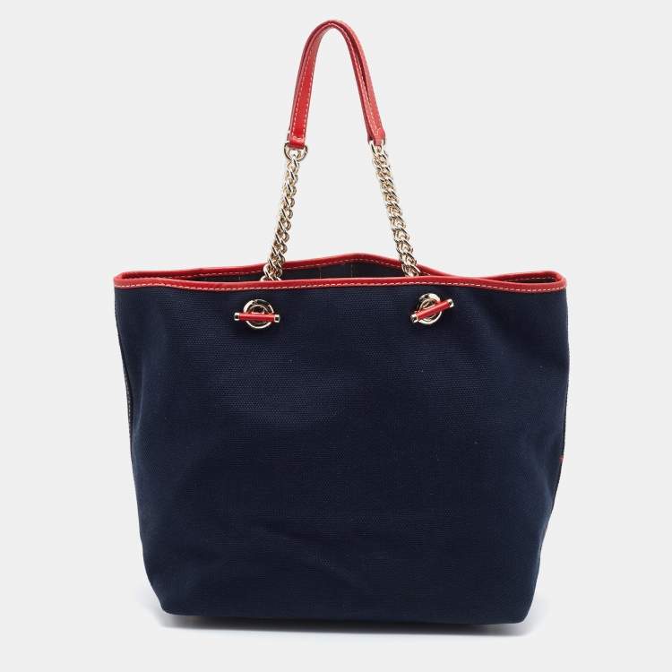 Pre Owned CH Carolina Herrera Navy Blue/Red Canvas and Leather Chain Tote