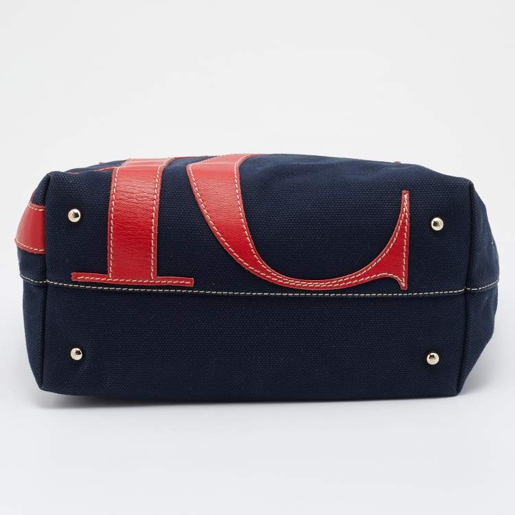Pre Owned CH Carolina Herrera Navy Blue/Red Canvas and Leather Chain Tote