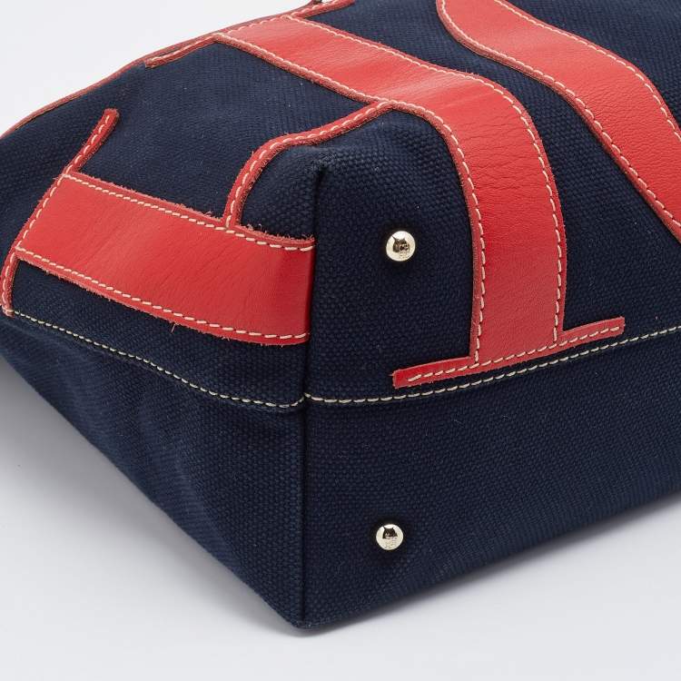 Pre Owned CH Carolina Herrera Navy Blue/Red Canvas and Leather Chain Tote