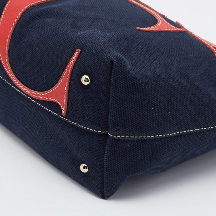 Pre Owned CH Carolina Herrera Navy Blue/Red Canvas and Leather Chain Tote