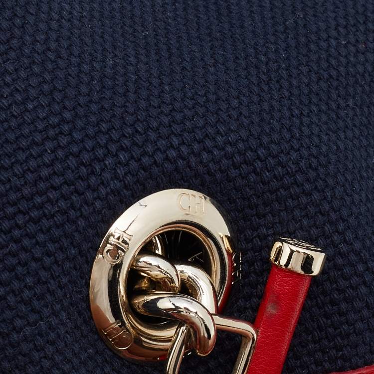 Pre Owned CH Carolina Herrera Navy Blue/Red Canvas and Leather Chain Tote