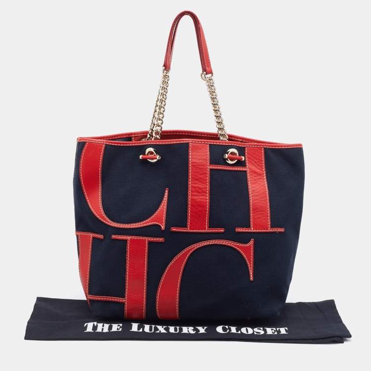 Pre Owned CH Carolina Herrera Navy Blue/Red Canvas and Leather Chain Tote