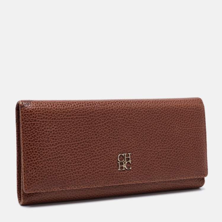 Pre Owned CH Carolina Herrera Brown Monogram Leather Flap Continental Wallet
