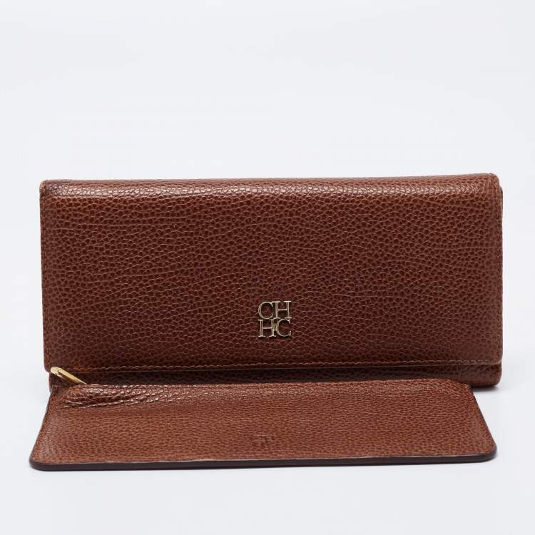 Pre Owned CH Carolina Herrera Brown Monogram Leather Flap Continental Wallet