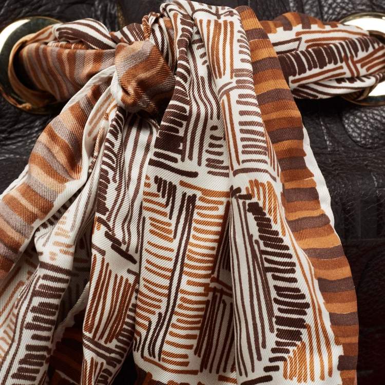 Pre Owned CH Carolina Herrera Dark Brown Monogram Embossed Leather Scarf Hobo
