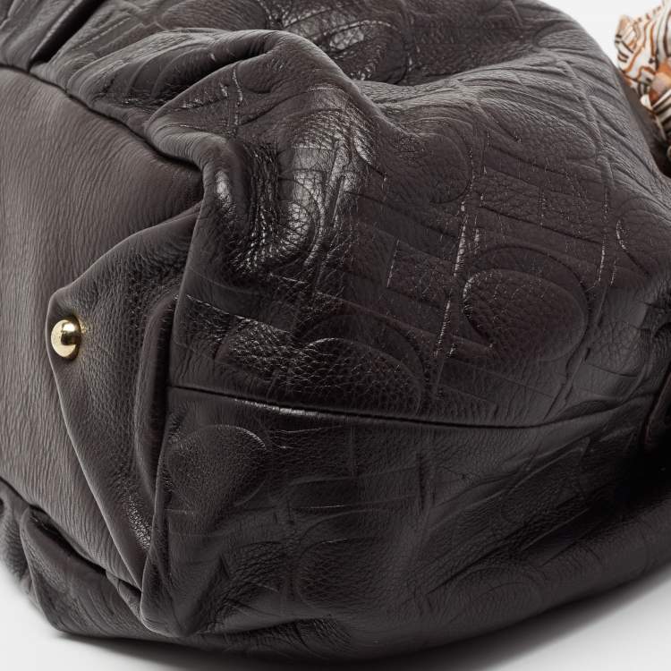 Pre Owned CH Carolina Herrera Dark Brown Monogram Embossed Leather Scarf Hobo
