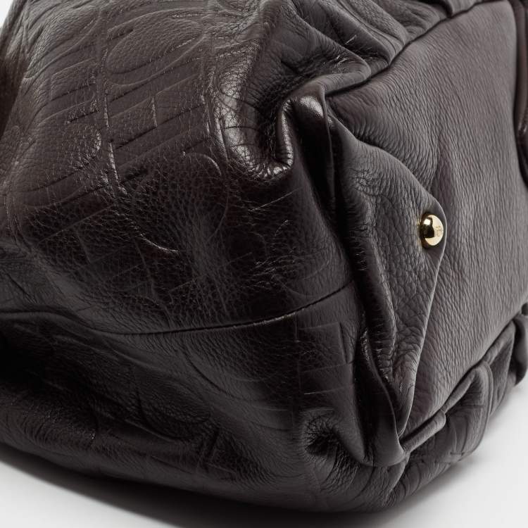 Pre Owned CH Carolina Herrera Dark Brown Monogram Embossed Leather Scarf Hobo