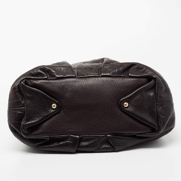 Pre Owned CH Carolina Herrera Dark Brown Monogram Embossed Leather Scarf Hobo