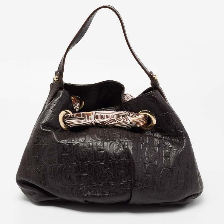 Pre Owned CH Carolina Herrera Dark Brown Monogram Embossed Leather Scarf Hobo