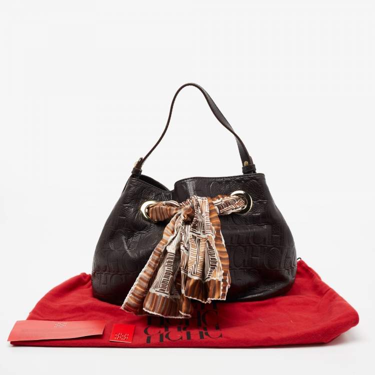 Pre Owned CH Carolina Herrera Dark Brown Monogram Embossed Leather Scarf Hobo