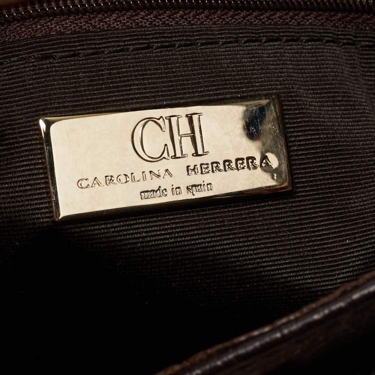 Pre Owned CH Carolina Herrera Dark Brown Monogram Embossed Leather Scarf Hobo
