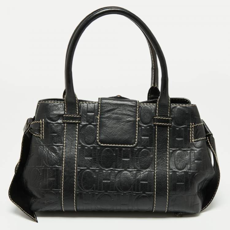 Pre Owned CH Carolina Herrera Monogram Embossed Black Leather Buckle Flap Tote