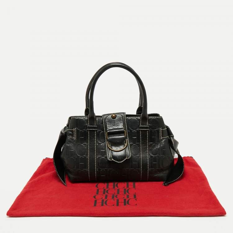 Pre Owned CH Carolina Herrera Monogram Embossed Black Leather Buckle Flap Tote