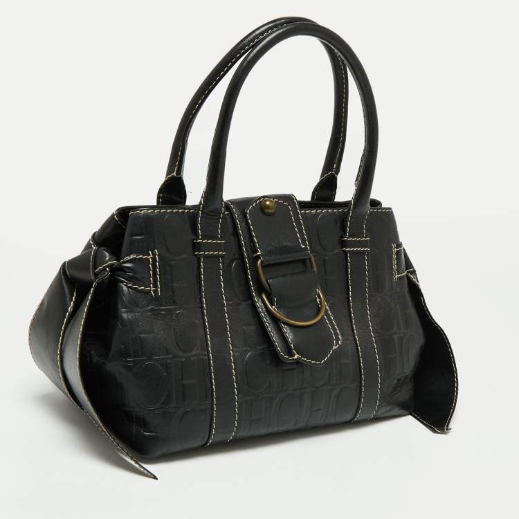 Pre Owned CH Carolina Herrera Monogram Embossed Black Leather Buckle Flap Tote
