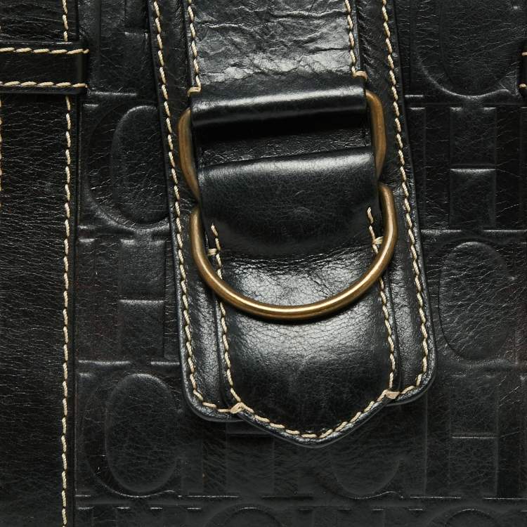 Pre Owned CH Carolina Herrera Monogram Embossed Black Leather Buckle Flap Tote