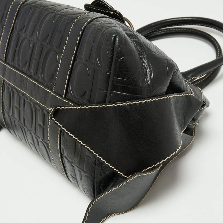 Pre Owned CH Carolina Herrera Monogram Embossed Black Leather Buckle Flap Tote