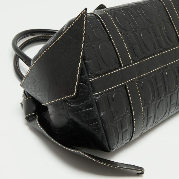 Pre Owned CH Carolina Herrera Monogram Embossed Black Leather Buckle Flap Tote