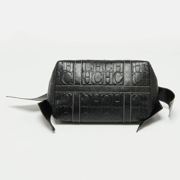 Pre Owned CH Carolina Herrera Monogram Embossed Black Leather Buckle Flap Tote