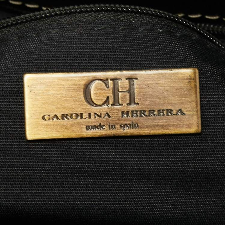 Pre Owned CH Carolina Herrera Monogram Embossed Black Leather Buckle Flap Tote
