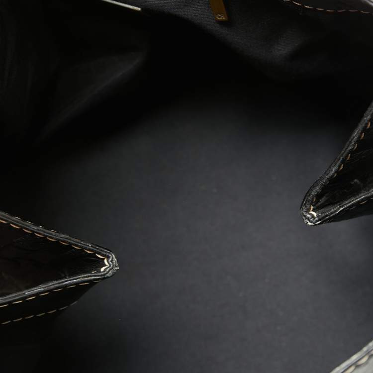 Pre Owned CH Carolina Herrera Monogram Embossed Black Leather Buckle Flap Tote