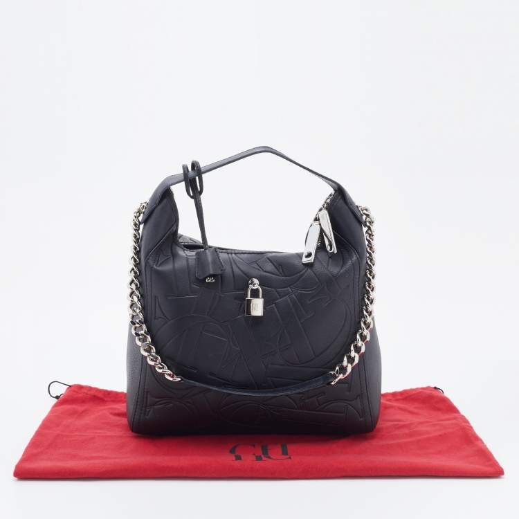 Pre Owned CH Carolina Herrera Black Monogram Leather Hobo