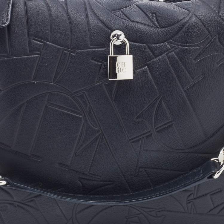 Pre Owned CH Carolina Herrera Black Monogram Leather Hobo