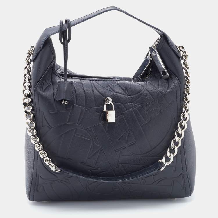 Pre Owned CH Carolina Herrera Black Monogram Leather Hobo