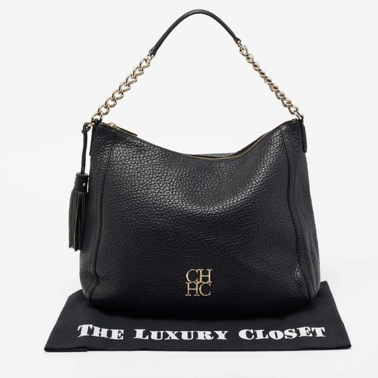 Pre Owned CH Carolina Herrera Black Leather Chain Tassel Hobo