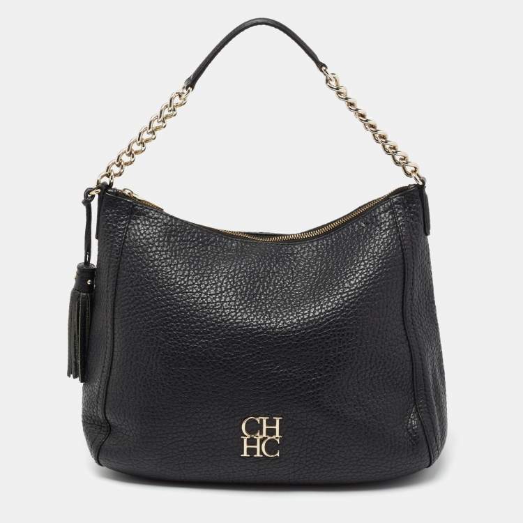 Pre Owned CH Carolina Herrera Black Leather Chain Tassel Hobo
