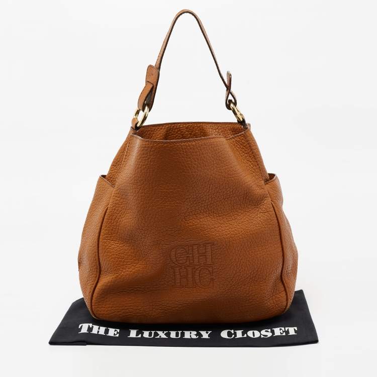 Pre Owned CH Carolina Herrera Tan Pebbled Leather Side Pocket Hobo