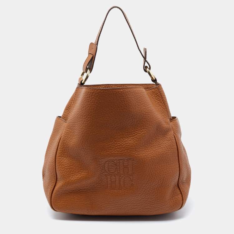 Pre Owned CH Carolina Herrera Tan Pebbled Leather Side Pocket Hobo