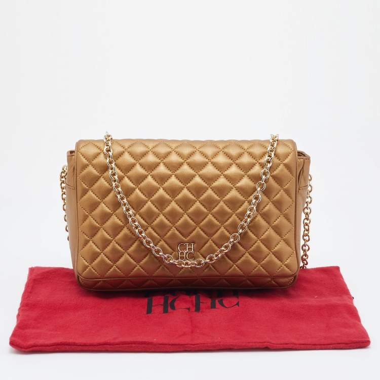 Pre Owned CH Carolina Herrera Metallic Gold Quilted Leather Flap Chain Shoulder Bag