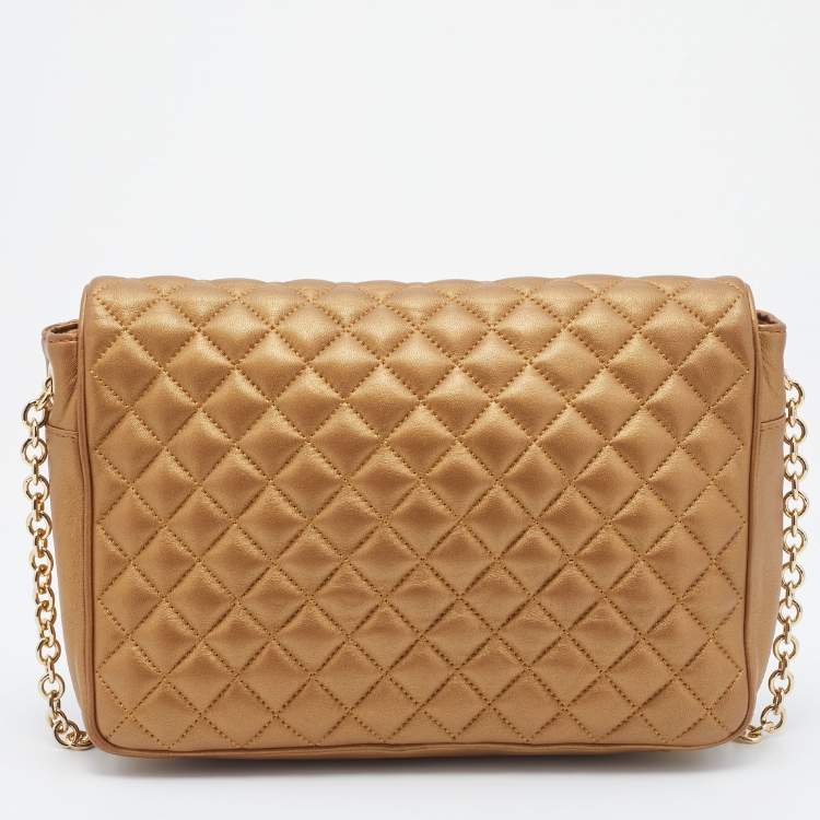Pre Owned CH Carolina Herrera Metallic Gold Quilted Leather Flap Chain Shoulder Bag