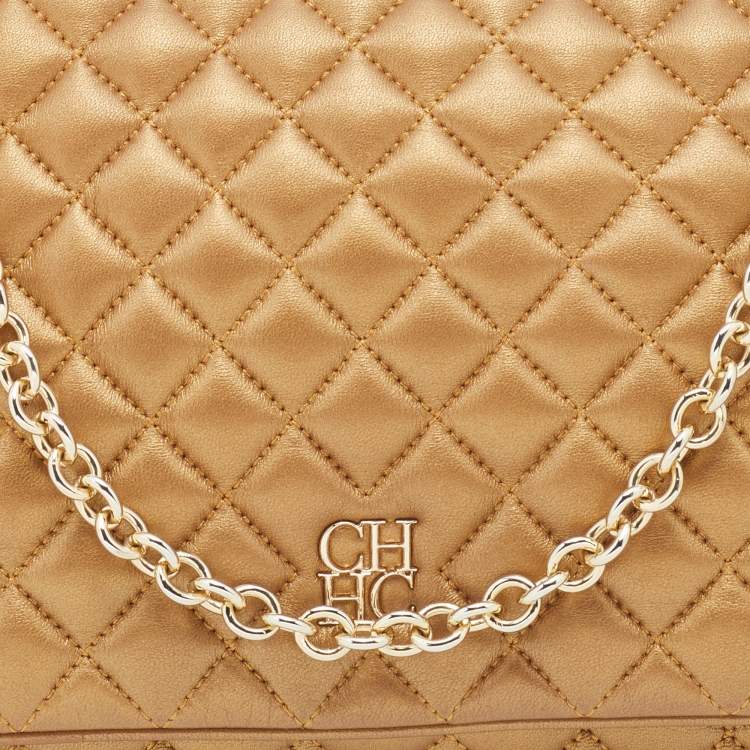 Pre Owned CH Carolina Herrera Metallic Gold Quilted Leather Flap Chain Shoulder Bag
