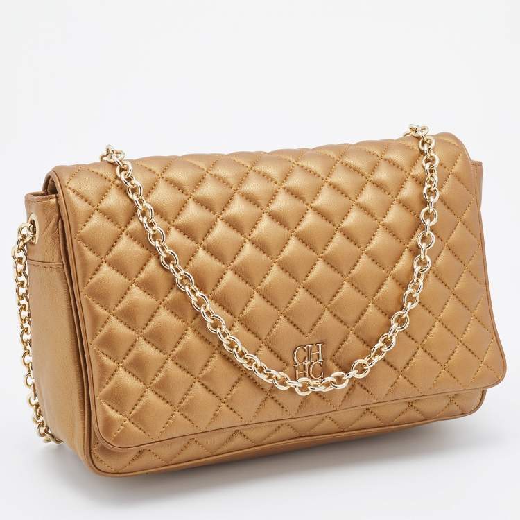Pre Owned CH Carolina Herrera Metallic Gold Quilted Leather Flap Chain Shoulder Bag