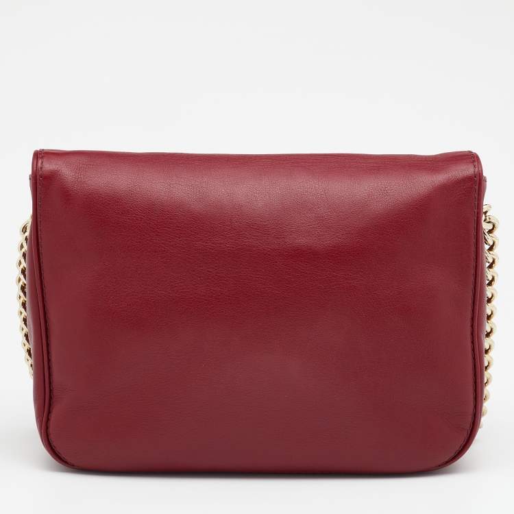 Pre Owned CH Carolina Herrera Dark Red Leather Flap Chain Shoulder Bag