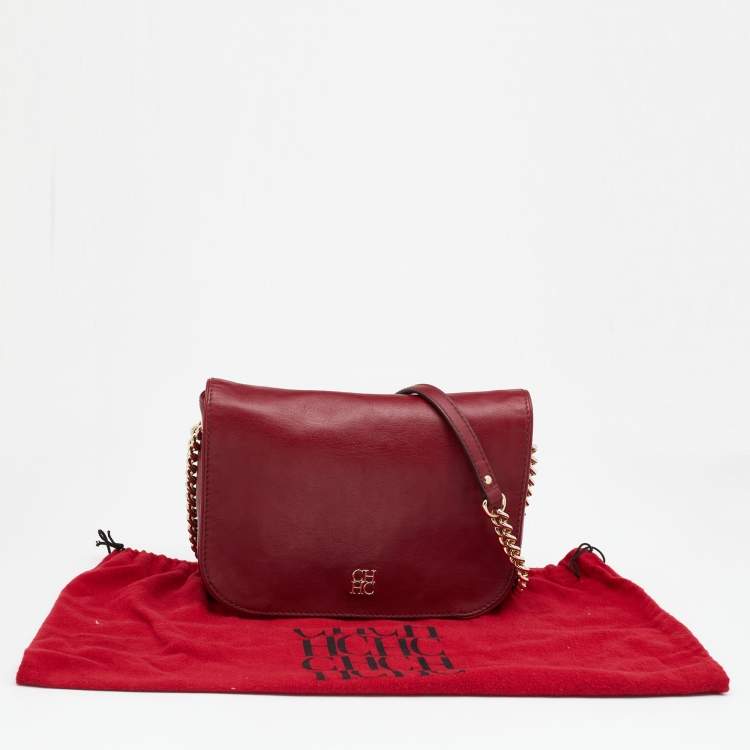 Pre Owned CH Carolina Herrera Dark Red Leather Flap Chain Shoulder Bag
