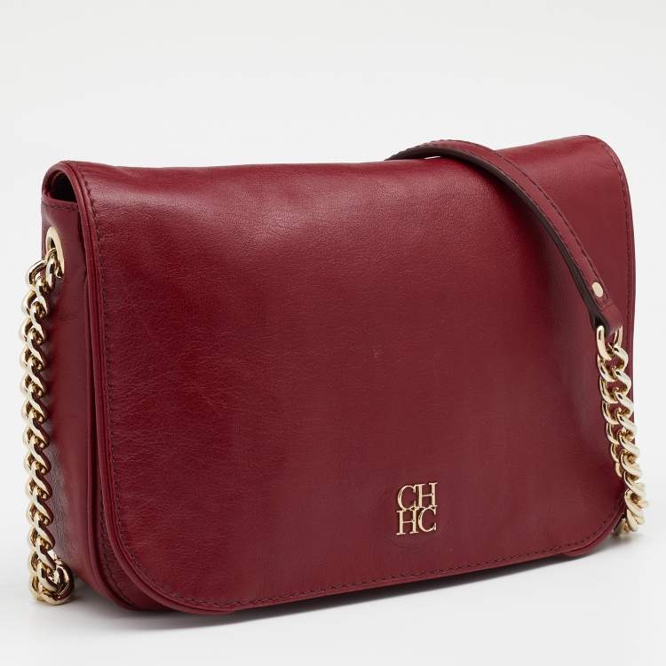Pre Owned CH Carolina Herrera Dark Red Leather Flap Chain Shoulder Bag