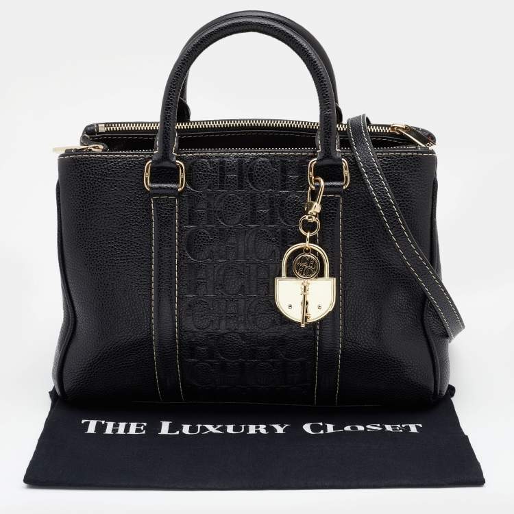 Pre Owned CH Carolina Herrera Black Monogram Embossed Leather Matteo Tote