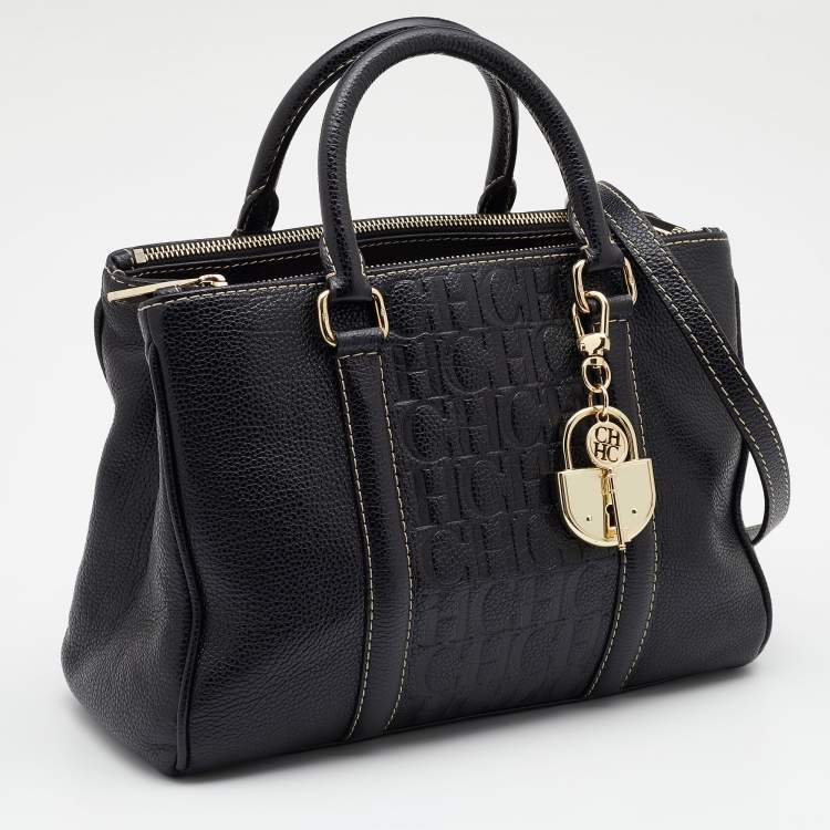 Pre Owned CH Carolina Herrera Black Monogram Embossed Leather Matteo Tote