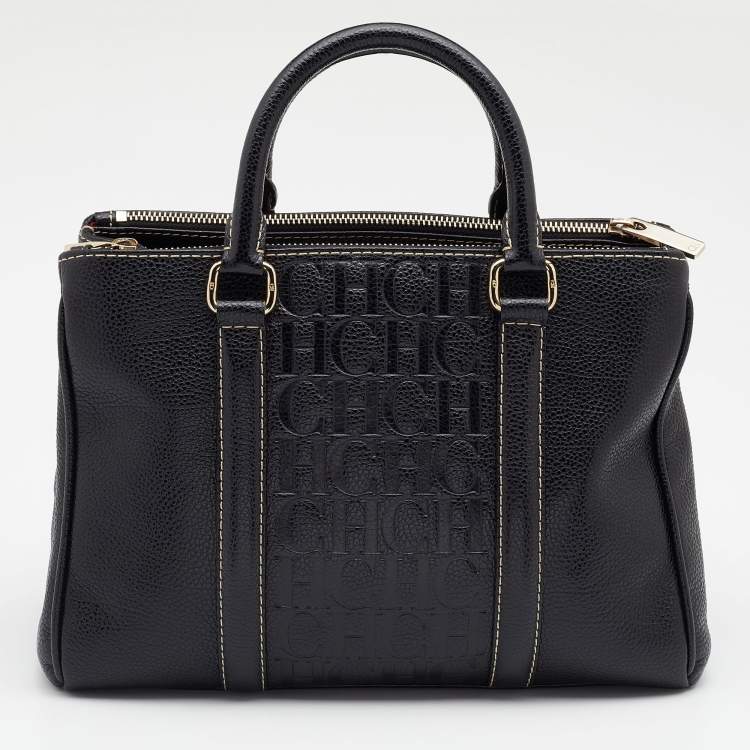 Pre Owned CH Carolina Herrera Black Monogram Embossed Leather Matteo Tote