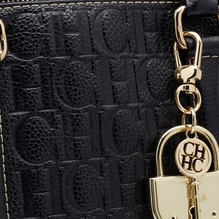 Pre Owned CH Carolina Herrera Black Monogram Embossed Leather Matteo Tote